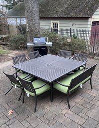 CAST ALUMINUM 6' SQUARE PATIO TABLE WITH ONE BENCH & SIX CHAIRS - ONE IS BROKEN - SUNBRELLA CUSHIONS  INCLUDED