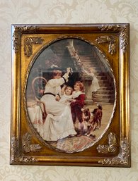 (BHALL) CHARMING VICTORIAN MOTHER WITH HER CHILDREN & DOG OVAL PRINT IN ORNATE GOLD FRAME - 24' BY 21'