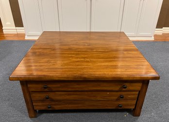 (BASE) BIG SQUARE WOOD COFFEE TABLE WITH THREE DRAWERS ON TWO SIDES - 48' SQUARE BY 23' HIGH