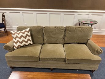 (BASE) SAGE GREEN UPHOLSTERED SOFA - GREAT CONDITION - 89' LONG BY 43' DEEP - LOCATED IN BASEMENT
