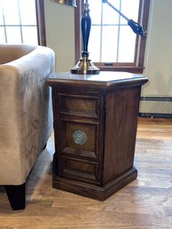 (C-2) VINTAGE OCTAGONAL ACCENT TABLE WITH STORAGE & BIG HARDWARE - TOP IS SCRATCHED - 22' BY 18'
