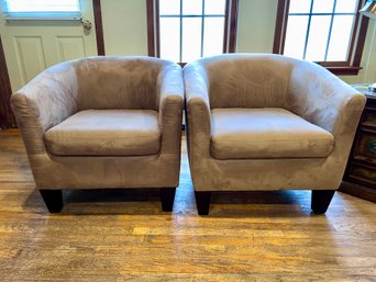 (C-1) PAIR OF CONTEMPORARY BARREL CHAIRS - TAN MICROFIBER - 30' BY 30' BY 36'
