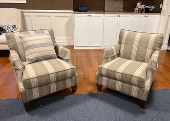 (BASE) PAIR OF UPHOLSTERED ARMCHAIRS - EAST END INTERIORS-LIKE NEW, STRIPED - 31W,39D,36H -LOCATED IN BASEMENT
