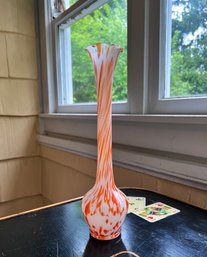 (KX-53) MID CENTURY MOD ORANGE STRIPE ART GLASS TALL VASE - 12'