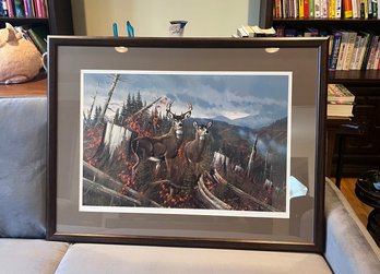 (C-11) WHITETAIL DEER HAND SIGNED PRINT BY WILDLIFE ARTIST MICHAEL SIEVE - 34' BY 25'- PROFESSIONALLY FRAMED