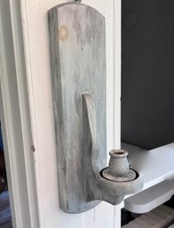 (KX-66) WHITEWASHED GRAY PINE WOOD WALL MOUNTED CANDLE HOLDER BY 'SCHEIBE' - BEACHY- 18' BY 5'