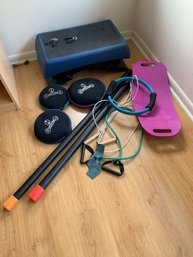 ASSORTMENT OF EXERCISE EQUIPMENT - WEIGHT BARS, STEP, BALANCE BOARD