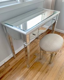 (UP) MIRRORED VANITY TABLE / DESK WITH DRAWERS & MATCHING UPHOLSTERED MIRRORED SEAT -40' BY 19' BY 32'