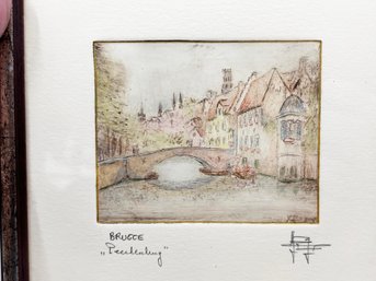 (C-45) VINTAGE SIGNED AND FRAMED MINIATURE OF BRUGES BY YVAN ROYON-PENCIL & WATERCOLOR-APPROX. 7' X 5'