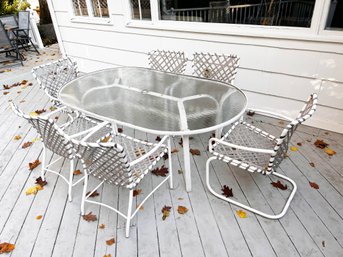 (C-46) PREOWNED BROWN JORDAN OUTDOOR PATIO SET-1 OVAL GLASS TOP TABLE AND SIX MATCHING CHAIRS-AS IS