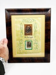 (A-3) ISRAEL ART 'THE SCRIBE' BY BORIS SCHATZ FRAMED BRASS PLAQUE & COMMEMORATIVE STAMP - JUDAICA - 13' BY 11