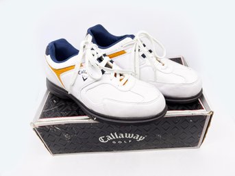 (A-72) PRE OWNED HARDLEY WORN-CALLAWAY WHITE/GOLD/NAVY MENS GOLF SHOES-9 12W-M321-SHIP ONLY