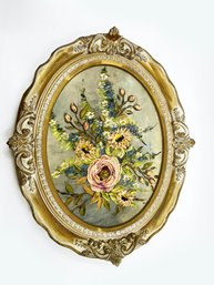 (A-6) VINTAGE FLORAL ROSES OIL PAINTING IN OVAL FRAME - 16' BY 19'