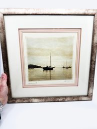 (A-10) SERENE HARBOR VIEW WITH SAILBOATS FRAMED PHOTOGRAPH SIGNED 'AMELIA, HARBOR II'- 17.5' BY 17.5'