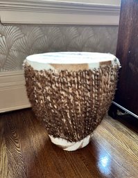 (E-2) COWHIDE WOOD & RATTAN DRUM END OCCASIONAL TABLE - 24' BY 18' BY 12'