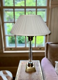 (E-3) PAIR OF GLASS COLUMN LAMPS WITH BRASS BASES & PLEATED SHADES- 26' BY 18'