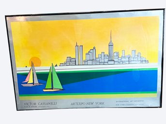 (A-11) ART EXPO 1979 FRAMED POSTER OF N.Y. SKYLINE - VICTOR CASSANELLI - TWIN TOWER & SAILBOATS - 35' BY 23'