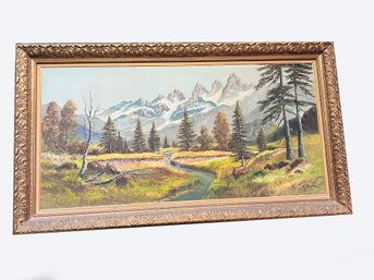 (A-12) VINTAGE PANORAMIC SWISS ALPS LANDSCAPE OIL PAINTING BY 'A. JAECKEL' - 55' BY 30'