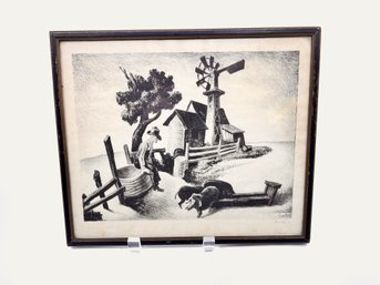 (A-78) ANTIQUE THOMAS HART BENTON 'HOMESTEAD' PRINT- FARM SCENE, NOT PENCIL SIGNED - 10' BY 12'