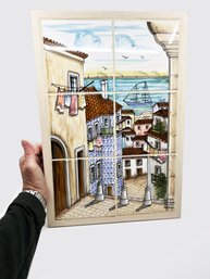 (A-15) ALFAMA PORTUGAL HAND PAINTED TILE ART - MILAVALE - CITYSCAPE BY THE SEA IN PORTUGAL - 13.5' BY 19.5'