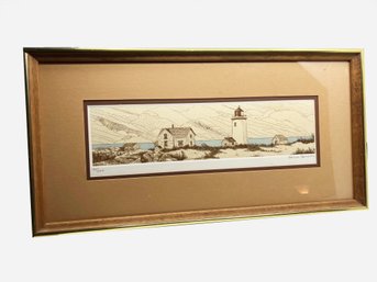 (A-19) VINTAGE ETCHING BY JAMES JAMESON - SEASIDE SCENE WITH LIGHT HOUSE & BEACH COTTAGE - 95/500 - 23' BY 12'