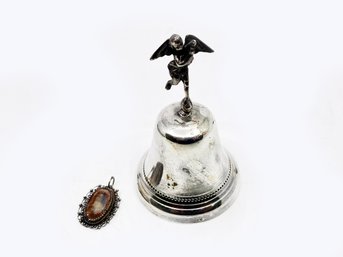 (A-84) VINTAGE 800 SILVER BELL With WINGED CHERUB & 800 SILVER FILIGREE PENDANT WITH JASPER STONE -24.17 DWT