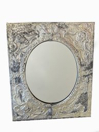 (A-21) VINTAGE OVAL MIRROR WITH TIN FRAME IMPRESSED WITH ANGELS & SCROLLS - 30' BY 25'