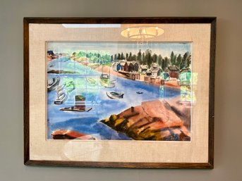 (DR) SIGNED & FRAMED VINTAGE WATERCOLOR - BOATS IN THE WATER - 29' BY 22'