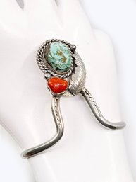 (A-87) VINTAGE OLD PAWN NATIVE AMERICAN STERLING SILVER, CORAL & TURQUOISE BRACELET -MODERNIST - DWT 13.24