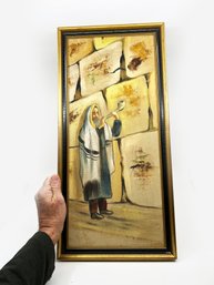 (A-27) FRAMED VINTAGE JUDAICA OIL PAINTING OF RABBI BY WAILING WALL WITH SHOFAR - SIGNED - 11' BY 23'