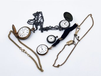 (J-3) VINTAGE LOT OF 4 POCKET WATCHES PLUS 3 RELATED CHAINS-AS IS