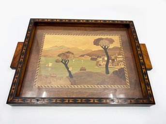 (A-30) VINTAGE ITALIAN WOOD MARQUETRY TRAY / WALL ART - LAKE & MOUNTAIN SCAPE - 16' BY 12.5'