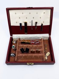 (J-4) VINTAGE LOT OF MENS COSTUME JEWELRY WITH CASE AS SHOWN-CUFF LINKS, TIE BARS ETC
