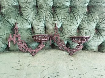 (C-66) PAIR OF VINTAGE CAST IRON OIL LAMP WALL SCONCES -ORNATE  CANDLE HOLDER - 10' X 7' EACH