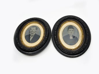 (A-32) PAIR OF ANTIQUE PHOTOS IN DECORATED BLACK OVAL FRAMES - HIS & HERS - VICTORIAN LOVERS - 10.5' BY 12.5'