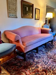 VINTAGE CENTURY PINK UPHOLSTERED CAMEL BACK SOFA - 65' LONG BY 30' H BY 34' D