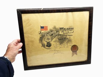 (A-36) ANTIQUE 'BENEVOLENT & PROTECTIVE ORDER OF ELKS, USA' MEMBER'S CERTIFICATE - 1925 - 15' BY 18'