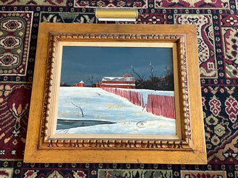 (A-40) THOMAS KERRY (AMERICAN 20TH) - OIL PAINTING-SERENE WINTER LANDSCAPE WITH RED BARN - 25' BY 29'- W/LIGHT