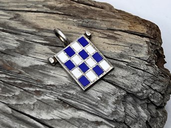 (J-11) VINTAGE TIFFANY AND COMPANY STERLING SILVER AND BLUE AND WHITE CHECKERED PORCELAIN PENDANT-MARKED N