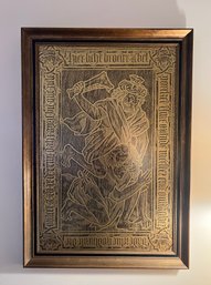 (LR) VINTAGE MEDIEVAL BELGIAN MEMORIAL GRAVE RUBBING - BEAUTIFULLY FRAMED, GOLD TONE EFFIGY - 36' BY 25'