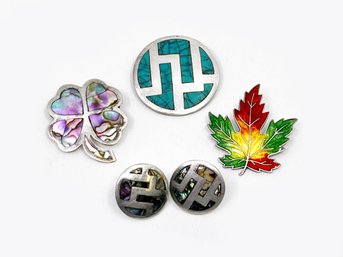 (A-114)COLLECTION OF VINTAGE STERLING SILVER JEWELRY -MAPLE LEAF PIN, TAXCO TURQUOISE & ABALONE PINS & EARRING