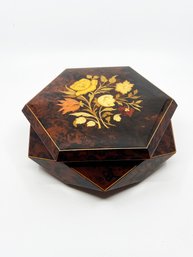 (A-44) VINTAGE POLISHED MARQUETRY MUSIC BOX - INLAID FLORAL DESIGN -10' BY 4' - PLAYS 'LOVE STORY'