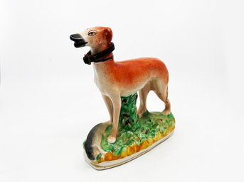 (A-45) ANTIQUE PORCELAIN ENGLISH HOUND DOG STATUE WITH LEATHER COLLAR - 7' BY 7'