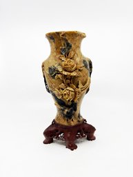 (A-46) ANTIQUE CARVED SOAPSTONE ASIAN VASE WITH PEONE & ATTACHED BASE - 10.5' TALL