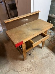 (F-8) SMALL VINTAGE WOOD WORKBENCH WITH ONE DRAWER & PEGBOARD BACK - SOLID - 34' WIDE BY 35' HIGH BY  17' DEEP