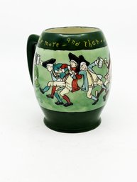 (A-48) ANTIQUE BELLEEK HAND PAINTED MOTTO MUG - 'REVELING COLONIALS' HOLDING PINTS - 5' TALL