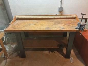 (F-9) VINTAGE WOOD WORKBENCH WITH STEEL LEGS, VICE & POWER STRIP - SOLID - 62' WIDE BY 34' HIGH BY  26' D