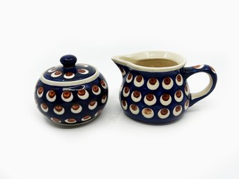 (A-50) POLISH POTTERY SUGAR & CREAMER - 'BOLESLAWIEC, POLAND' - 4' EA.