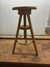 (F-10_ VINTAGE SOLID WOOD INDUSTRIAL WORKBENCH STOOL - ADJUSTABLE - 16' WIDE SHOWN AT 26' HIGH