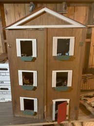 (F-11) VINTAGE WOOD DOLLHOUSE WITH FURNITURE & EXTRAS INCLUDED - DAMAGED WOOD ON BOTTOM - 37' BY 27' W BY 18'D